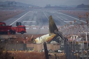 The wreckage of the Jeju Air aircraft that went off the runway and crashed lies at Muan International Airport, in Muan, South Korea, Dec. 30, 2024. (Kim Hong-Ji/Reuters)